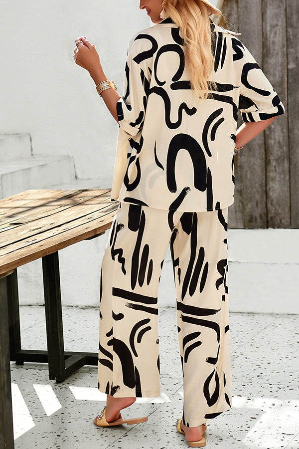 Irregular Printed Button Pocket Long Sleeved Shirt and Elastic Waist Pants Set