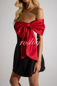 The Best Gift Satin Contrast Color Bow Detail Off Shoulder Mini Dress