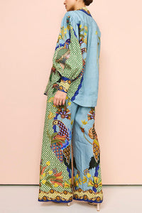 Smyrna Unique Heaven Bird Print Elastic Waist Pocketed Wide Leg Pants