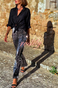 Pursue Shine Sequin High Rise Elastic Waist Flare Pants