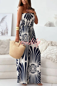 Unique Printed Off-shoulder Pleated Casual Wide-leg Jumpsuit