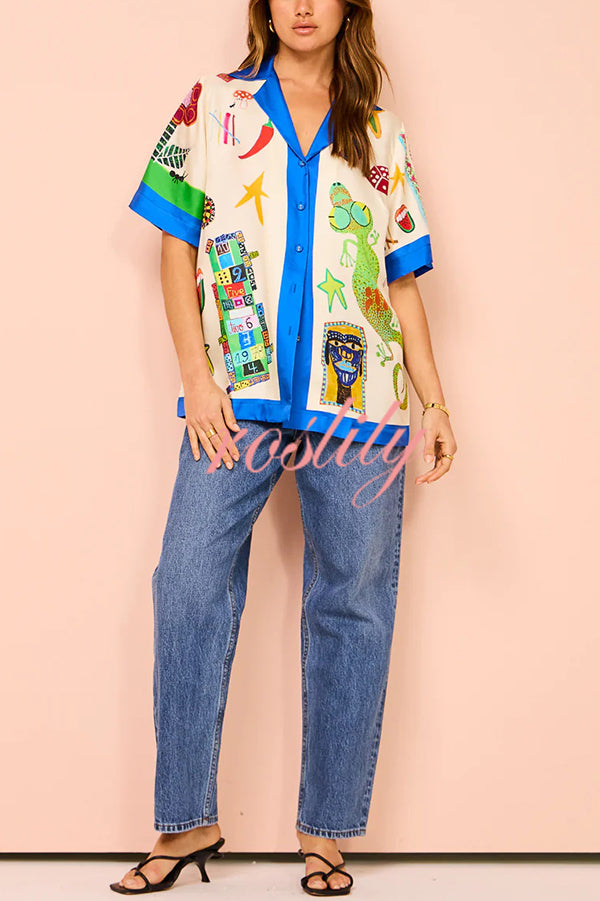 Vibrant Beach Satin Unique Print Colorblock Trim Button Down Oversized Blouse