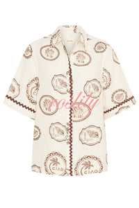 Resort Style Print Lapel Short Sleeve Shirt and Casual Mini Skirt Set
