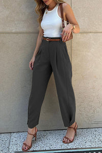 Solid Color High-waisted Belted Loose-fitting Suit Pants