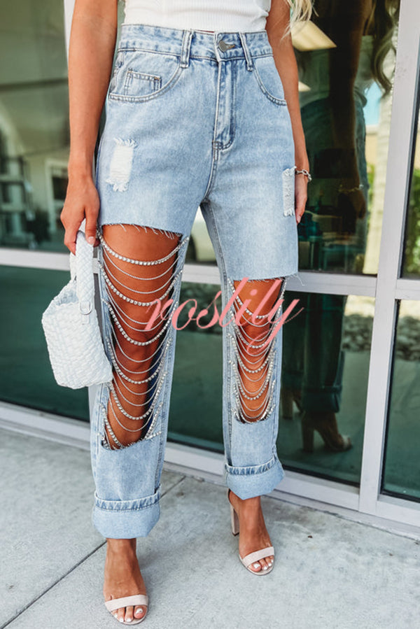 Casual Pocket Ripped Chain Embellished Straight Jeans