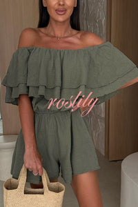 Solid Color Off-shoulder Ruffled Casual Waist Rompers