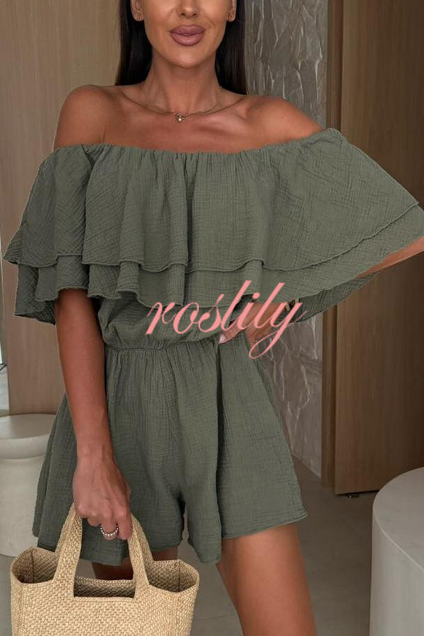 Solid Color Off-shoulder Ruffled Casual Waist Rompers