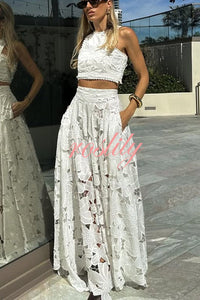 Next Trip Floral Embroidery Crochet Lace Crop Tank Top and Elastic Waist Pocket Maxi Skirt Set