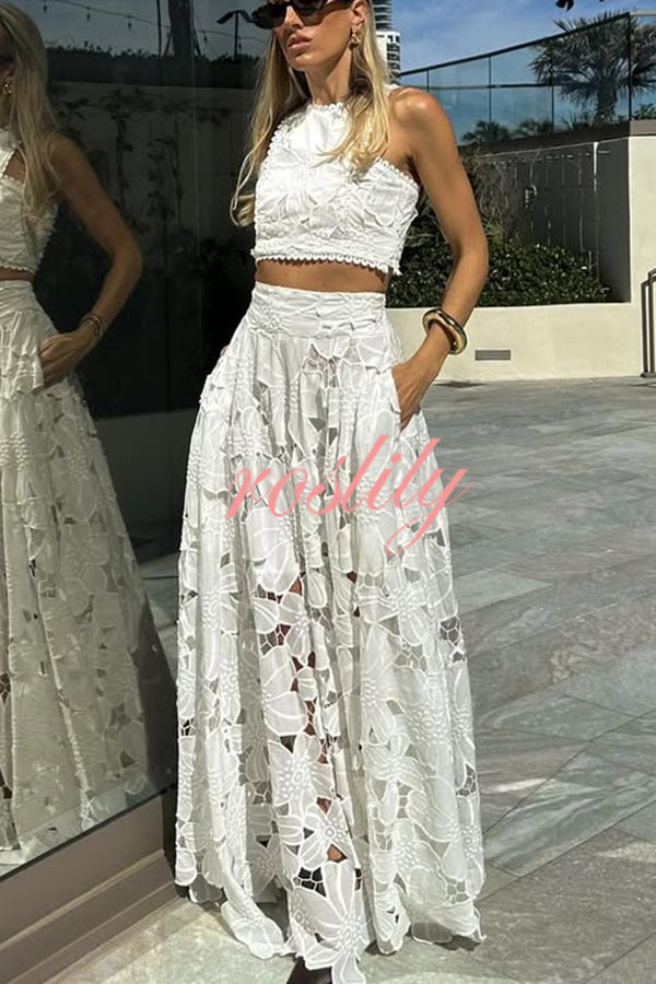Next Trip Floral Embroidery Crochet Lace Crop Tank Top and Elastic Waist Pocket Maxi Skirt Set