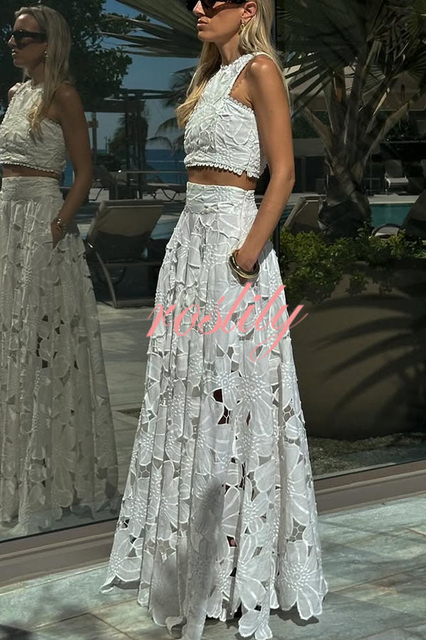 Next Trip Floral Embroidery Crochet Lace Crop Tank Top and Elastic Waist Pocket Maxi Skirt Set