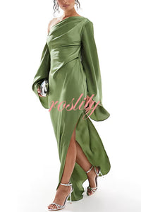 Zayla Satin Asymmetrical One Shoulder Bell Sleeve Slit Maxi Dress