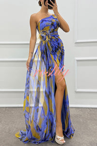 Amazing Views Watercolor Print Feather Rose Detail Off Shoulder Pleated Slit Maxi Dress