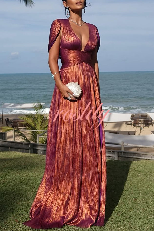 Dreamy Destiny Metallic Fabric Cape Sleeve Back Tie-up Maxi Dress