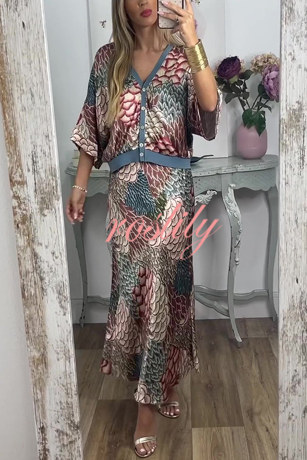 Harlen Satin Unique Printed Loose Shirt Top and Elastic Waist Maxi Skirt Set