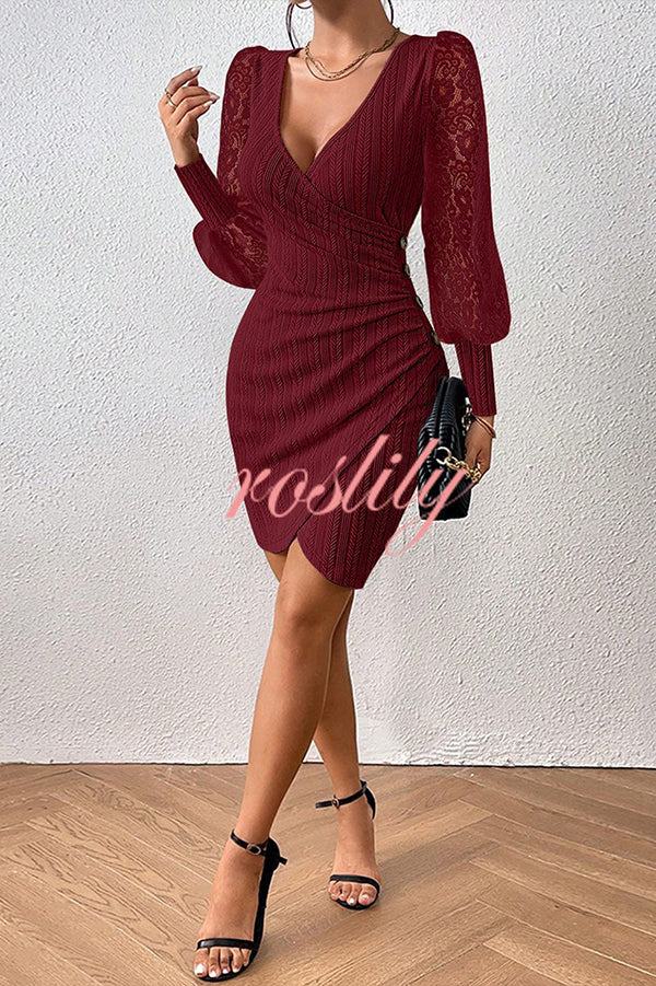 Solid Color V-neck Hollow Lace Long-sleeved Slim Mini Dress