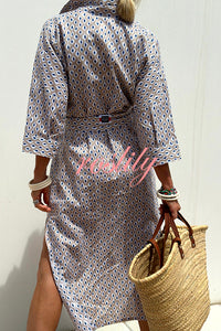 Summer Splendor Printed Button Half Sleeve Belt Loose Shirt Midi Dress