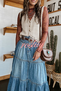 Bohemian High Rise Button Up Loose Denim Pocket Maxi Skirt