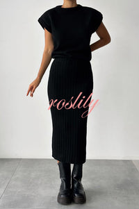 Triko Knit Short Sleeve Sweater and Stretch Ribbed Midi Skirt Set