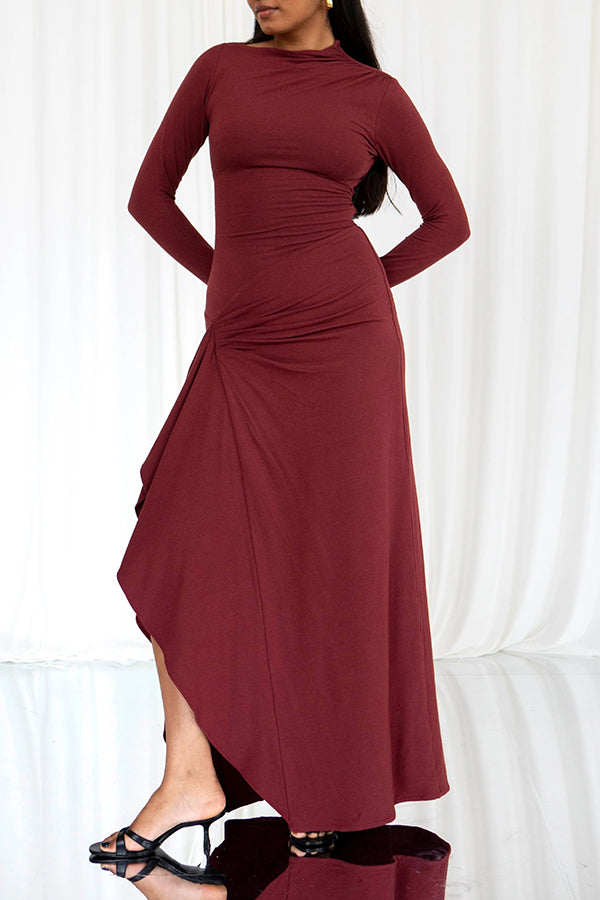 Venus Long Sleeve Ruched Side Slit Drape Ruffles Back Lace-up Stretch Maxi Dress