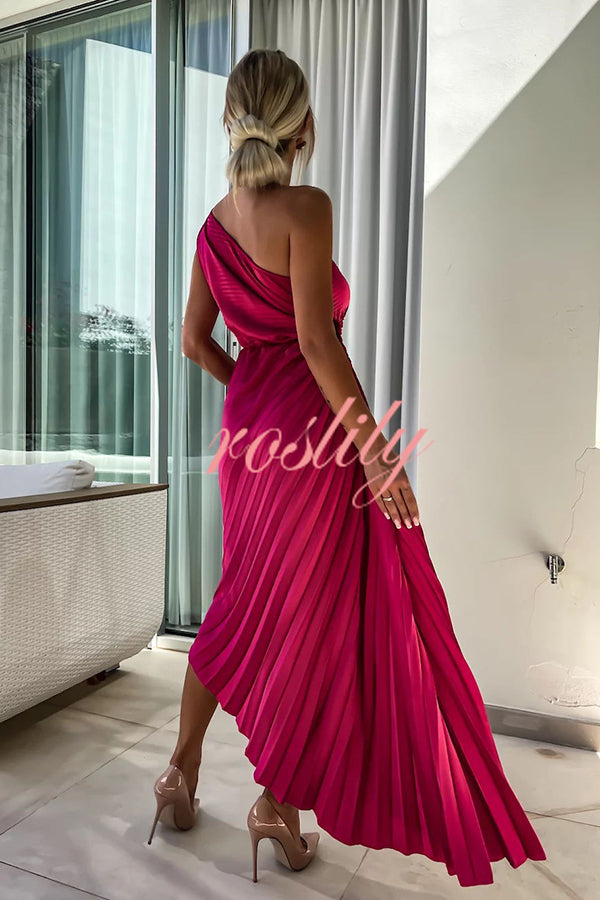 Romantic Nights Satin Raised Flower Elastic Cutout One Shoulder Pleated Maxi Dress