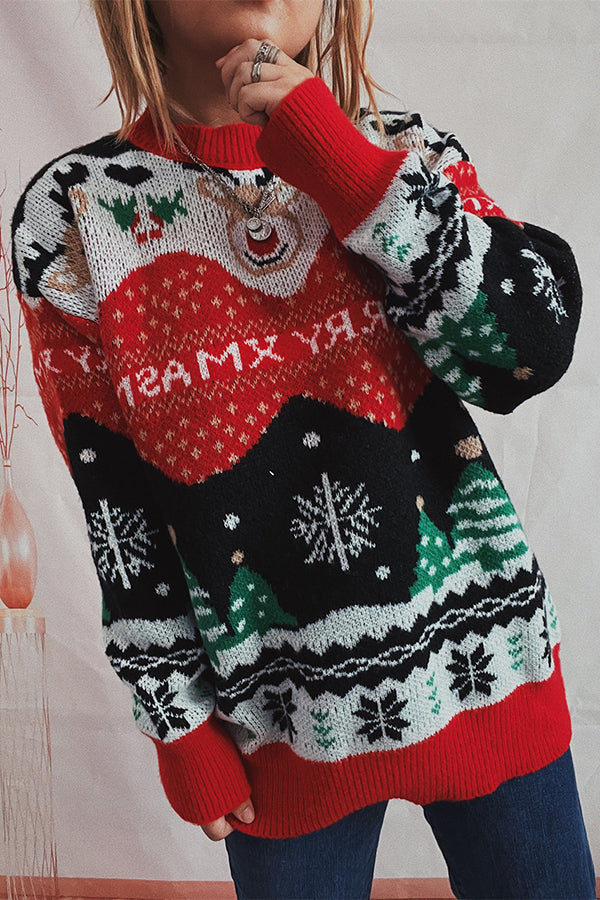 Christmas Pattern Knitted Crew Neck Long Sleeved Sweater