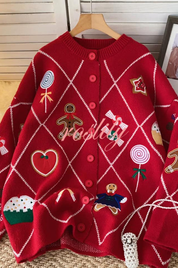 Argyle Candy Gingerbread Man Embroidered Button-knit Cardigan