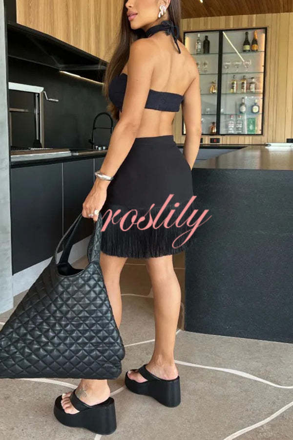 Solid Color Halter Neck Tassel Skirt Stretch Two-piece Bikini Swimsuit