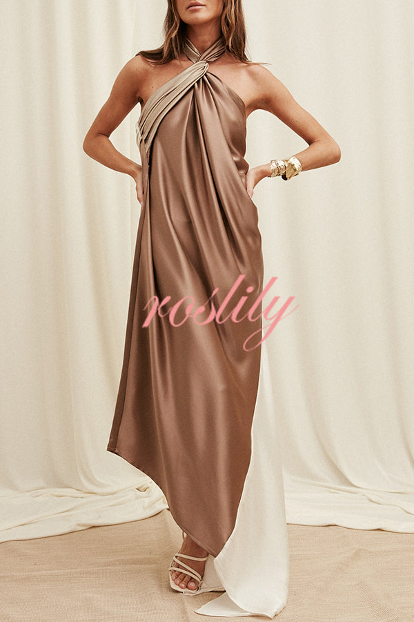 Elegant Whisper Satin Colorblock Halter Asymmetrical Hem Drape Maxi Dress