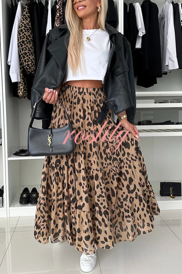 Unique and Comfortable Leopard Print Elastic Waist A-line Layered Maxi Skirt