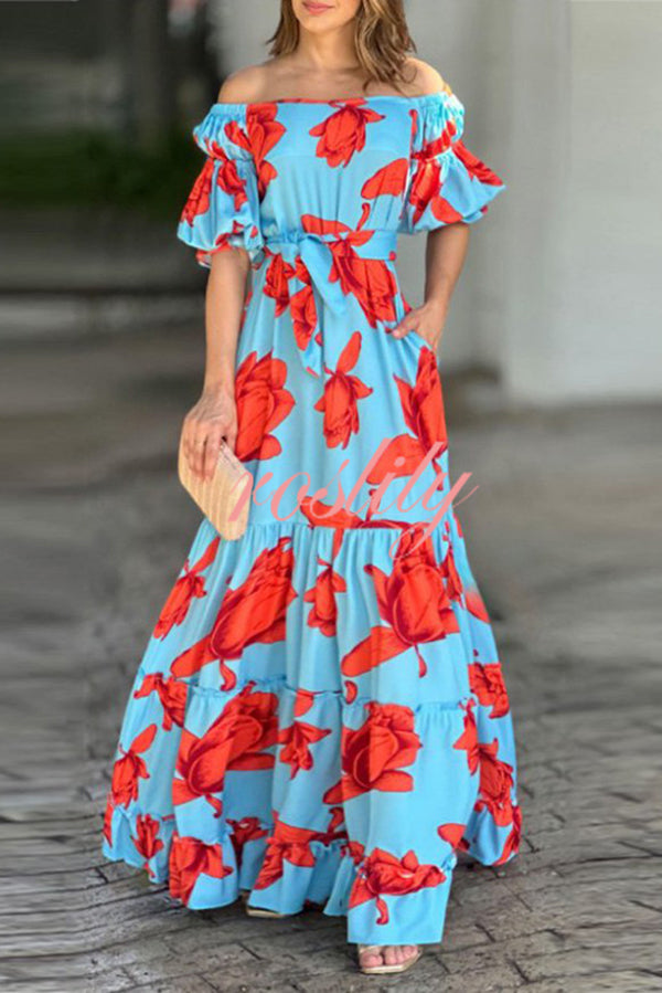 Floral Print Waist Belted Slim Fit Off The Shoulder Maxi Dress