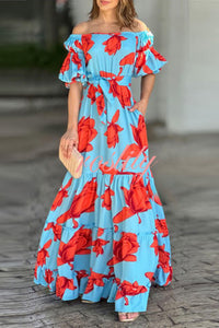 Floral Print Waist Belted Slim Fit Off The Shoulder Maxi Dress