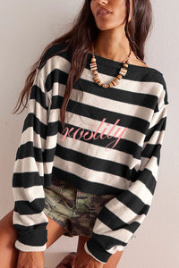 Striped Print Crew Neck Long Sleeve Loose Knitted Sweater