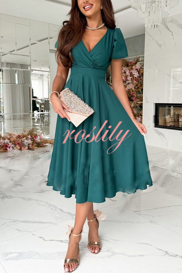 Zayla Solid Color Puff Sleeve V-neck Waist Slim Fit Midi Dress