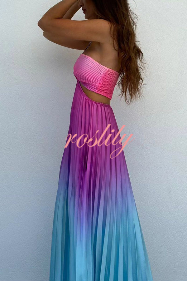 Get Ready Beautiful Gradient Print Cutout Halterneck Pleated Maxi Dress