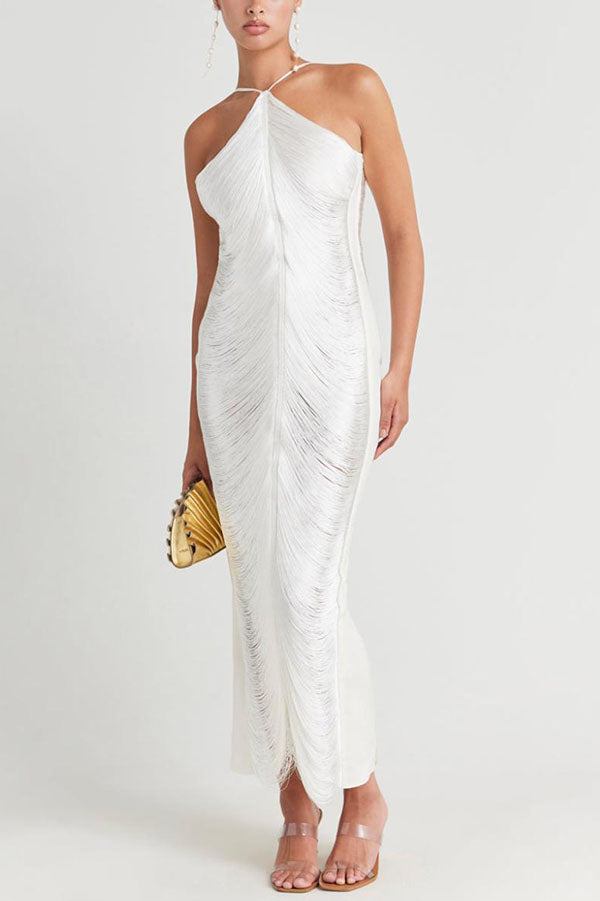 Sexy Allnight Metallic Halterneck Backless Fringed Slit Maxi Dress