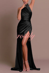 Satin Sexy Halter Neck Sleeveless High Slit Slim Maxi Dress