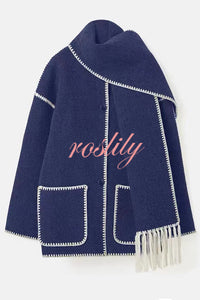 Stylish Loose Pocket Long Sleeve Coat and Warm Fringed Scarf