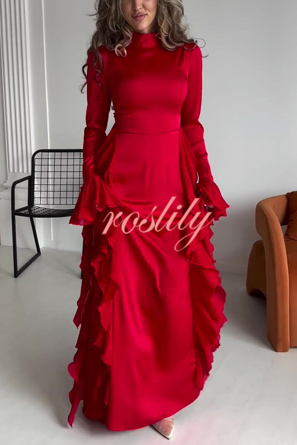 Cline Solid Color High Neck Long Sleeve Elegant Ruffles Maxi Dress