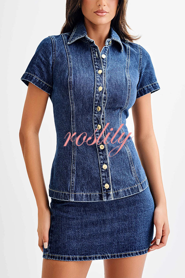 Modern Flavor Denim Short Sleeve Button Up Princess Seams Stretch Top