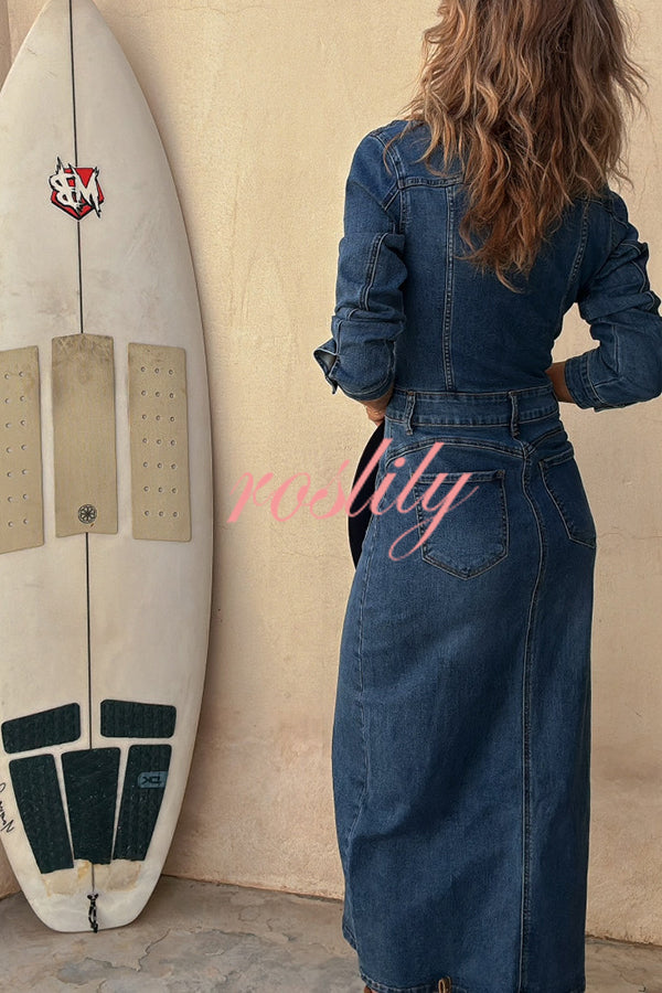 Tessy Denim Metal Button Zipper Shirt Stretch Pencil Slit Midi Dress