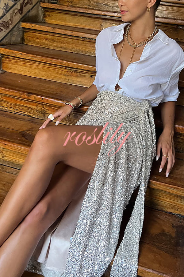 Disco Dancing Queen Sequin Wrap Tie-up Slit Midi Skirt