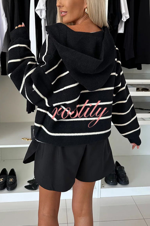 Fashion and Comfort Knit Striped Button Up Pocketed Loose Hooded Cardigan