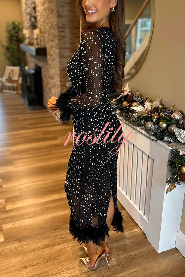 Sexy Long Sleeve Round Neck Feather Edge Rhinestone Decoration Slim Fit Maxi Dress