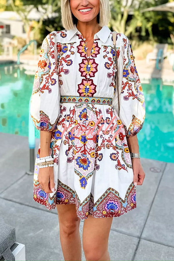 Fun and Vibrant Linen Blend Unique Print Puff Sleeve Pocketed Shirt Mini Dress