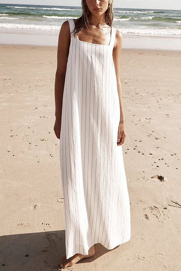 Simple and Stunning Linen Blend Pinstripe Detail Square Neck A-line Maxi Dress