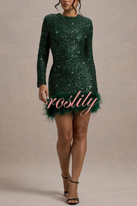 Party Must-have Sequin Long Sleeve Feather Trim Stretch Mini Dress