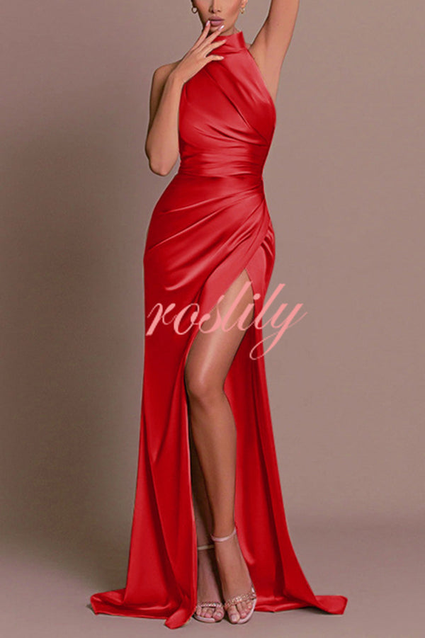 Satin Sexy Halter Neck Sleeveless High Slit Slim Maxi Dress