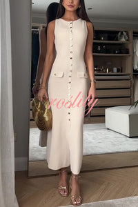 Solid Color Slim Fit Crew Neck Button Up Sleeveless Knitted Maxi Dress