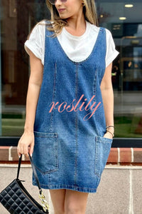 Solid Color Sleeveless V-neck Pocket Adjustable Denim Suspender Mini Dress