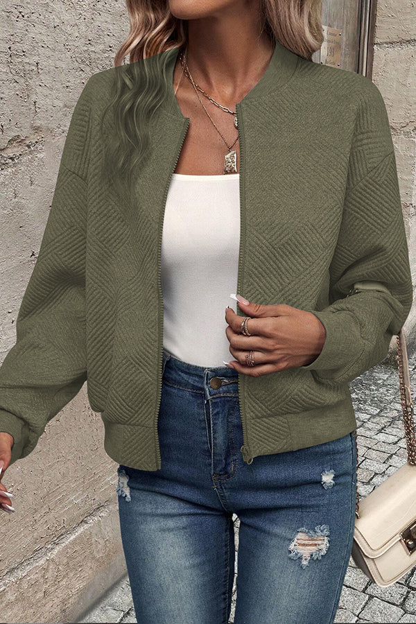 Solid Color Zippered Round Neck Long Sleeve Casual Jacket